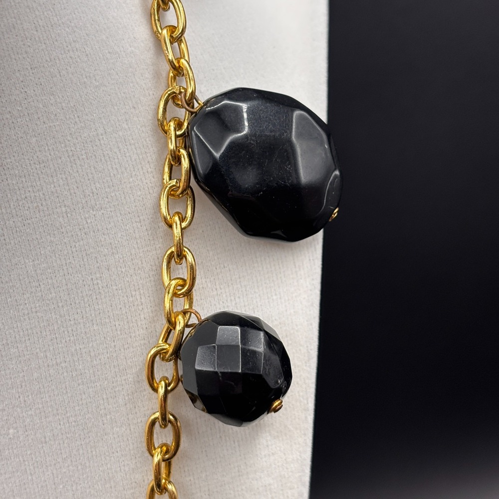 Vintage Gold Tone Chain Black Faceted Bead Statement Necklace Over The Head Y2K - Picture 4 of 9